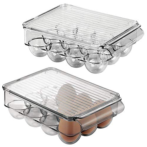 Storage Container and Organizer for Refrigerator mDesign Stackable Plastic Covered Egg Tray Holder Holds 12 Eggs White/Clear MetroDecor 4122MDK 2 Pack Carrier Bin with Lid with Handle 